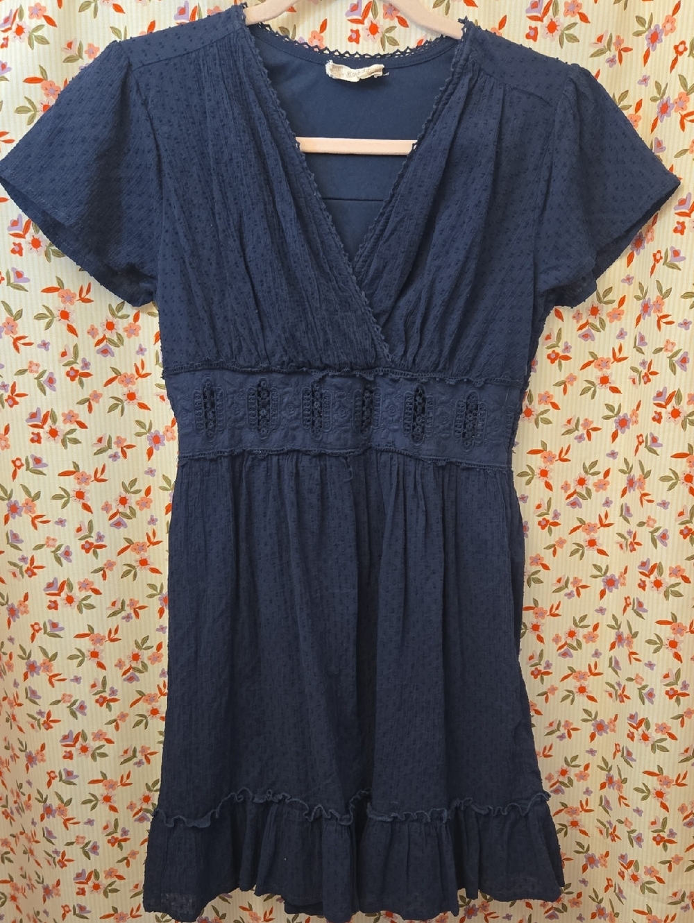 Altar’d State Navy Blue Textured Wrap Dress Short Sleeve Ruffle Hem Women’s S